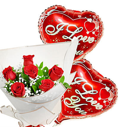 Online Valentine 6 Roses Bouquet With Balloons Gift Delivery in UAE - FNP