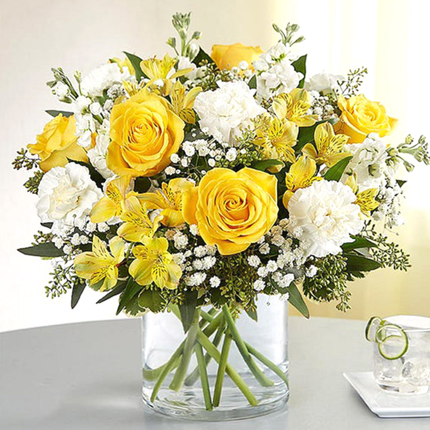 Online Yellow and White Mixed Flower Vase Gift Delivery in UAE - Ferns